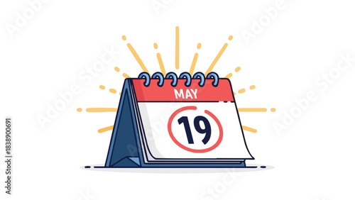 A vibrant desk calendar highlights May 19th with a red circle and radiant light. Perfect for themes of important dates, planning, events, and