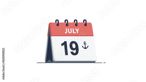 Nautical themed desk calendar showcasing July 19th with an anchor symbol, an ideal visual representation for summer vacation planning and maritime