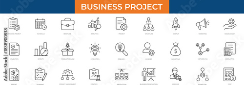Business project line icon set featuring planning, workflow, strategy, timeline, tasks, management,innovation, information, research, ,and productivity symbols for corporate design needs.