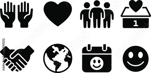 Black silhouette icons for charity, community, and positive emotions hands open hands