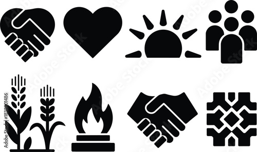 Black silhouette icons for community, nature, and partnership handshake agreement