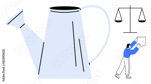 Balance concept. Visual elements of a watering can, scales, and a person moving a box balance in growth and decision-making. Balance in life, justice, growth, decisions, and responsibility
