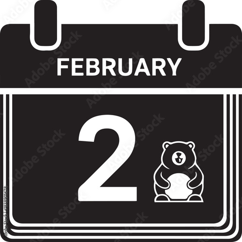 February second calendar page with cute bear icon illustration