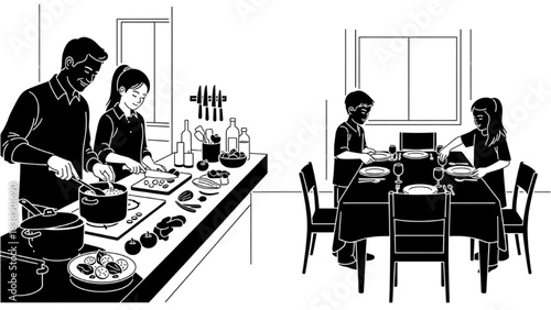Two Generations Cooking Side by Side Silhouette Line Art While Children Set Dining Table