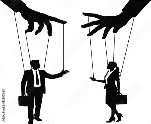 Silhouette of businesspeople controlled like puppets by large hands symbolizing manipulation, power dynamics, influence, authority, workplace control, and dominance