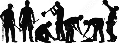 Silhouetted construction workers performing various manual tasks with tools, teamwork, labor, industrial effort, craft skills, and outdoor job activity