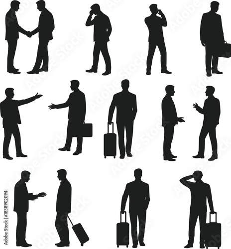 Silhouettes of business travelers shaking hands, talking, walking, and carrying luggage representing corporate communication, mobility, travel lifestyle, professionalism, modern workplace