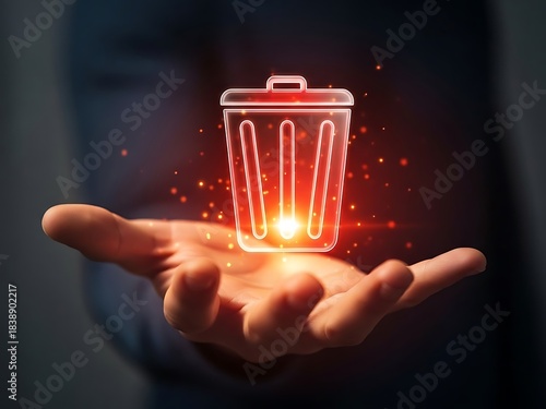 Hand holding a glowing trash can icon with sparkles, symbolizing deletion or removal