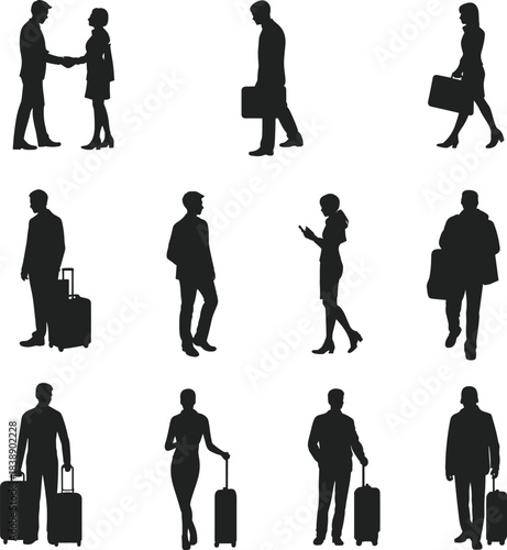 Silhouettes of business travelers walking, talking, shaking hands, and carrying luggage representing corporate mobility, travel lifestyle, communication, professionalism, movement