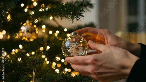 Hands hanging glass ornament on Christmas tree, holiday decoration and festive family tradition