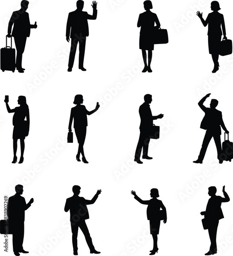 Silhouettes of business travelers waving, greeting, carrying luggage, and using mobile devices representing communication, travel lifestyle, corporate mobility, movement, professionalism