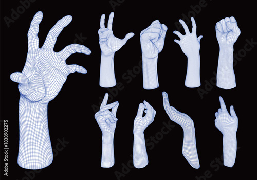 Set of blue 3D wireframe hands. Digital mesh gestures including pointing, fist, reaching, grasping and pinching. Futuristic technology, VR, AI and robotics concept. Cyber polygonal arm models.