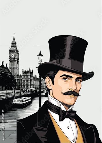 054-11-Vintage style illustration of a victorian man with big ben and river thames background