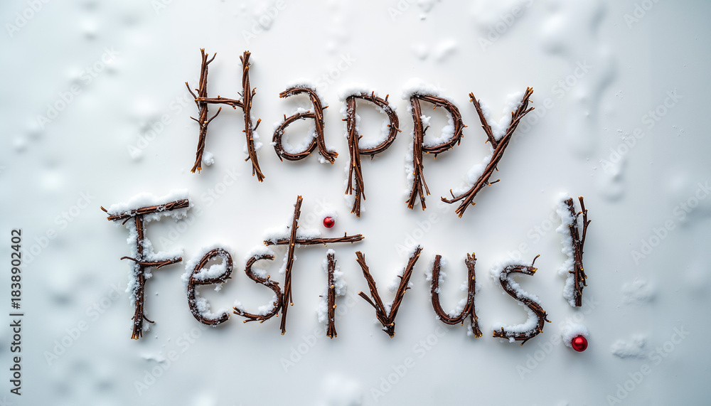 Obraz premium Happy Festivus text formed by twigs on blanket of fresh white snow 