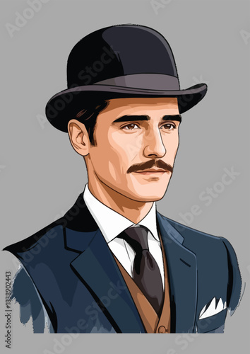054-13-Elegant man with mustache wearing formal attire and bowler hat, vector illustration