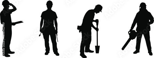 Silhouettes of construction and maintenance workers performing various tasks with tools, representing labor, industry, safety, teamwork, skill, and workflow