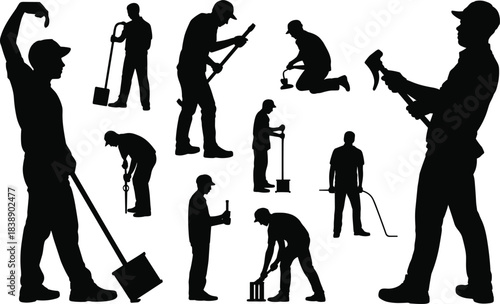 Silhouettes of construction workers performing various manual labor tasks with tools, representing industry, effort, craftsmanship, teamwork, jobsite activity, and hard work