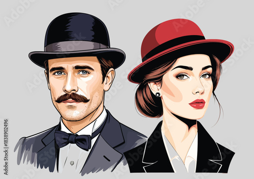 054-14-Stylish vintage man and woman wearing matching bowler and cloche hats