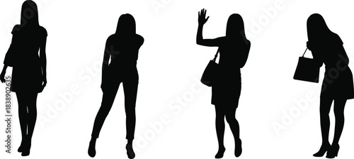 Silhouettes of women in various casual poses with handbags representing fashion, lifestyle, femininity, movement, personality, modern style, and expression