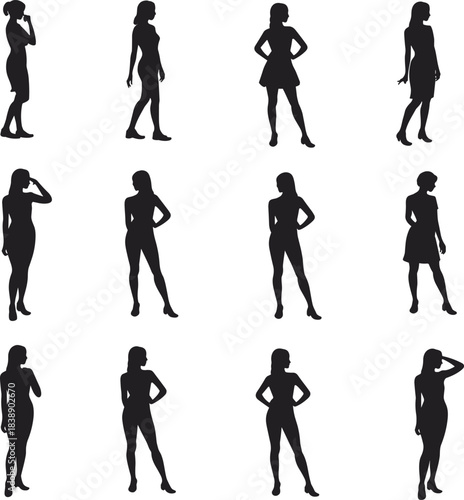 Silhouettes of women standing in various elegant poses representing fashion, femininity, lifestyle, confidence, expression, beauty, style, and modern attitude