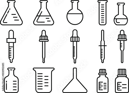 Laboratory Glassware Icons Set Beakers Flasks Pipettes Funnels And Bottles Keywords: laboratory