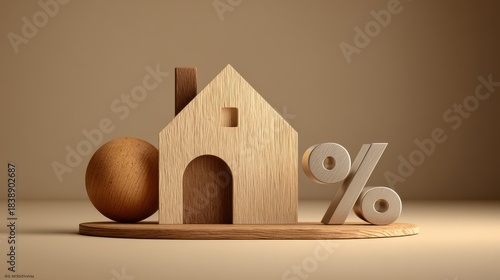 Mortgage interest rates concept: miniature wooden house and percentage symbol on wood platform.