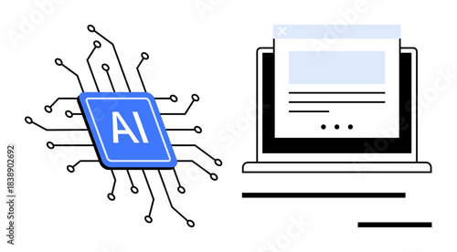 Artificial intelligence, machine learning, digital technology, cybersecurity, data processing, automation. AI chip connected via circuitry next to displaying laptop screen. Artificial intelligence
