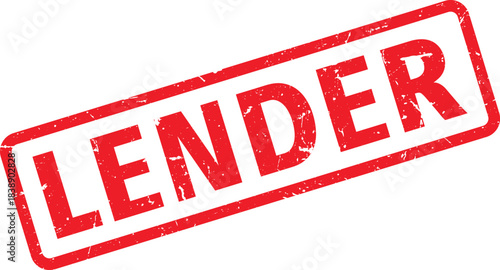 Distressed Red LENDER Rubber Stamp Grunge Financial Seal, Approval Impression, Isolated on White