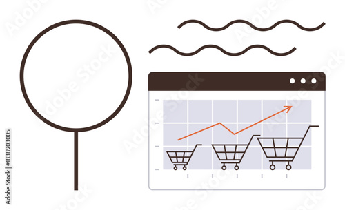Magnifying glass, shopping carts, and upward line graph reflect e-commerce, sales analysis, and growth. Ideal for business strategy, retail marketing, online shopping, analytics data trends growth