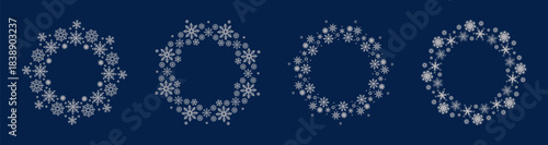 Set of 4 gentle winter circle wreaths. Flat vector illustration with lacy white snowflakes on blue background. Ideal for invitation, cover, label, card, poster, album
