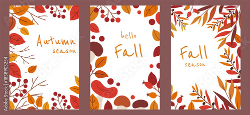Set of 3 autumnal vertical cards with falling leaves, berries, mushrooms in red, orange and brown colors. Flat illustration. Modern template with typography for invitation, poster, card, advertisement