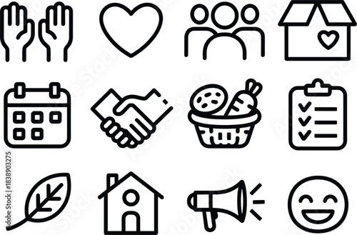 Set of outline icons representing charity and community support services help donation