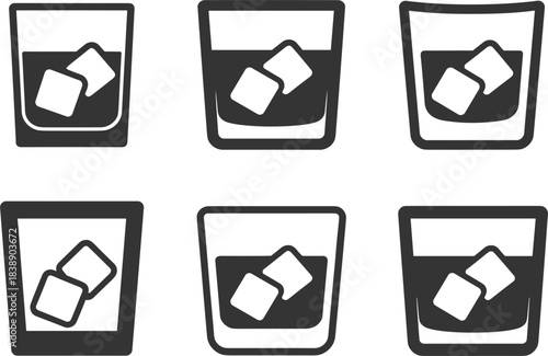 Six simple black icons of glasses with ice cubes on white background drink beverage