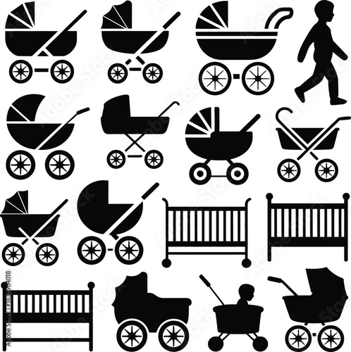 Collection of baby strollers and cribs silhouettes with a child walking