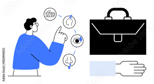 Business decisions, sensory interaction, workplace efficiency, communication, professional tools, multitasking skills. Man pointing at sensory icons, briefcase and hand graphic. Business decisions