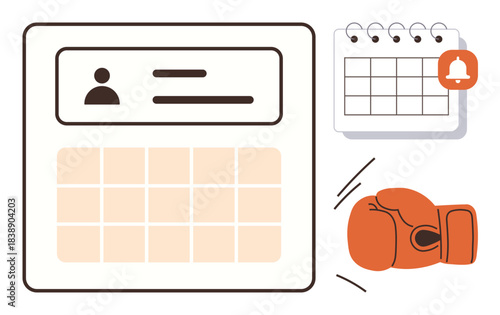Calendar interface, profile block, notification icon, and boxing glove symbolizing time management, goal pursuit, and determination. Ideal for productivity, organization, scheduling discipline