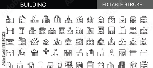 Modern Building and Architecture Icon Pack – 60 Editable Stroke Line Icons of Skyscrapers, Homes, Offices, Factories, Landmarks, Urban Structures, Real Estate Properties, and City Infrastructure Vecto