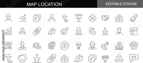 Map Location and Navigation Line Icon Set – Editable Stroke Vector Collection of GPS Pins, Destination Markers, Routes, Travel Directions, Geo Tracking, Compass, Landmarks, and Mapping Symbols for Mob