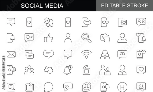 Social Media Icon Set – Network, Communication, business and Marketing. Editable Stroke, Vector Illustration
