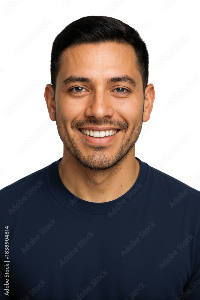 Fototapeta premium Smiling man stands against plain background showing confidence and friendliness in a close-up shot