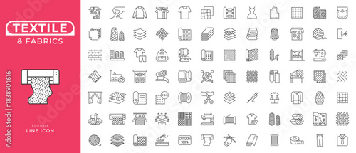 Textile and Fabric Line Icons Set. Editable Stroke Material Symbols for Clothing, Industry, and Product Features Line Icon Set