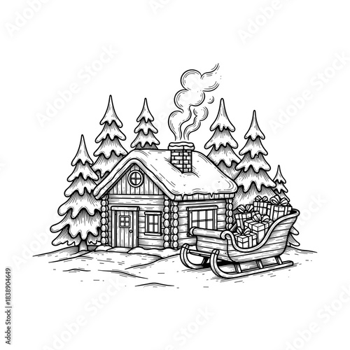 Cozy winter cabin with sleigh and gifts in snowy forest landscape  