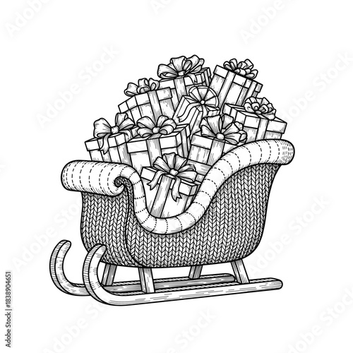 Sleigh filled with beautifully wrapped Christmas gifts in winter theme  