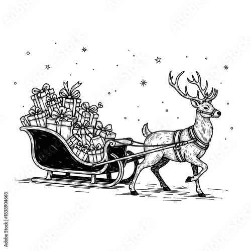 Reindeer pulling sleigh filled with presents in snowy landscape  