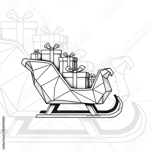 Sleigh with presents in geometric design on white background 