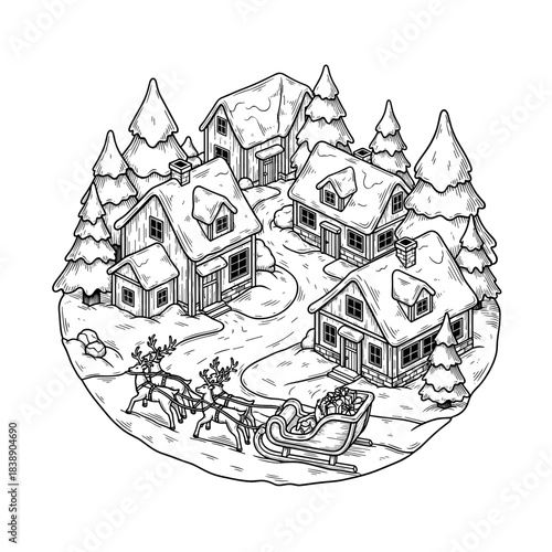 Isometric winter village scene with sleigh and presents in snow  