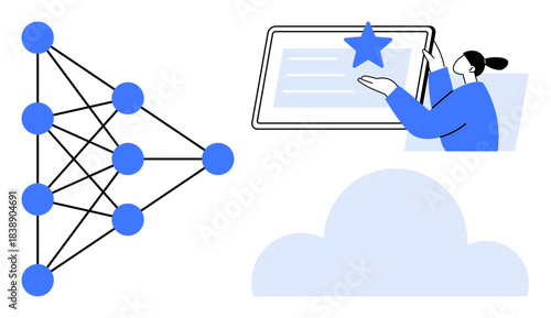 Artificial intelligence, neural networks, online education, cloud storage, technology innovation, data processing. Diagram of neural network, woman with tablet cloud. Artificial intelligence