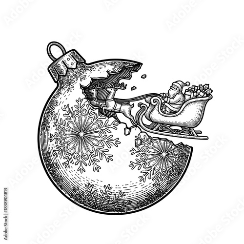 Sleigh with presents being pulled from broken Christmas ornament  