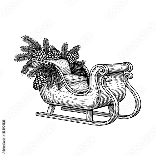 Sleigh decorated with pine branches and cones for winter transportation  