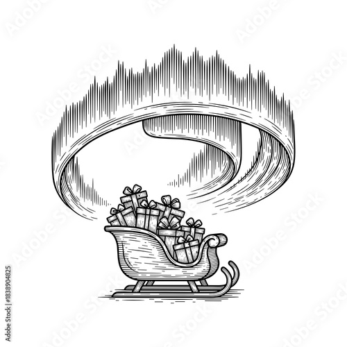 Sleigh filled with presents under northern lights in winter landscape  